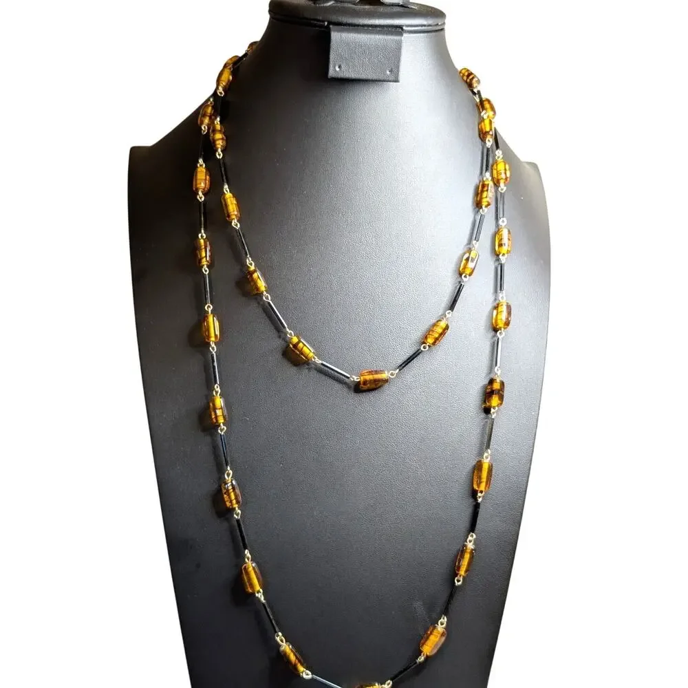Vintage Amber Glass Black Bar Beaded 54